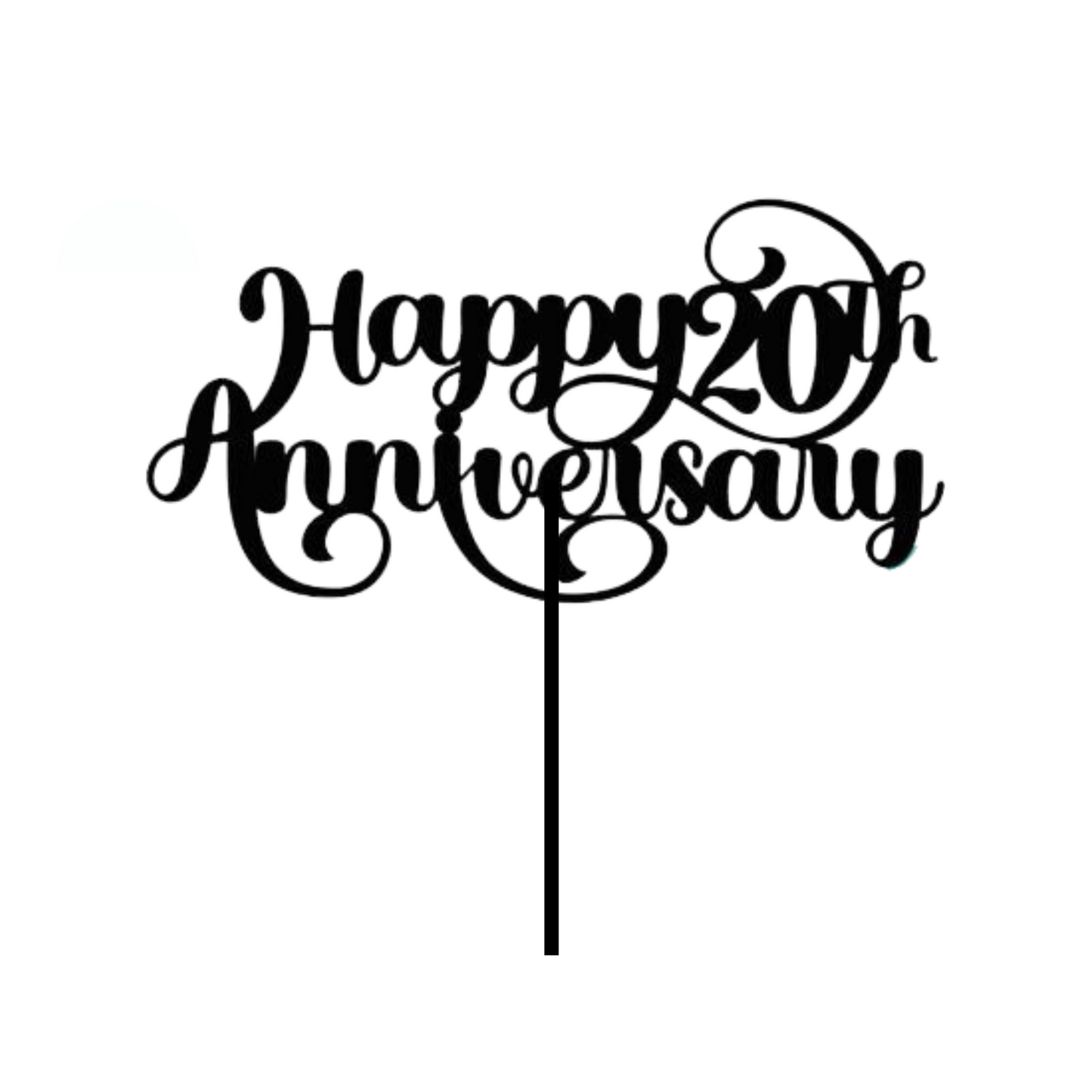 Cake topper with the words: Happy 20th Anniversary in black against a white background. Cake topper can be made in different colours.