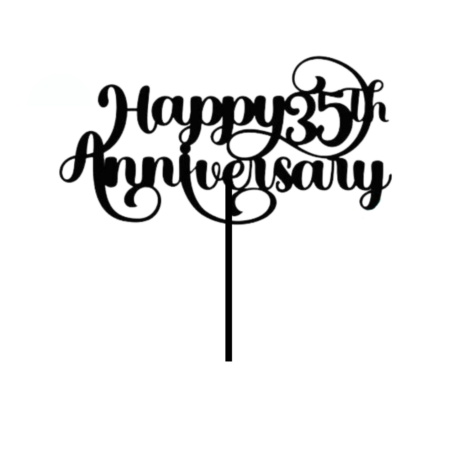 Cake topper with the words: Happy 35th Anniversary in black against a white background. Cake topper can be made in different colours.