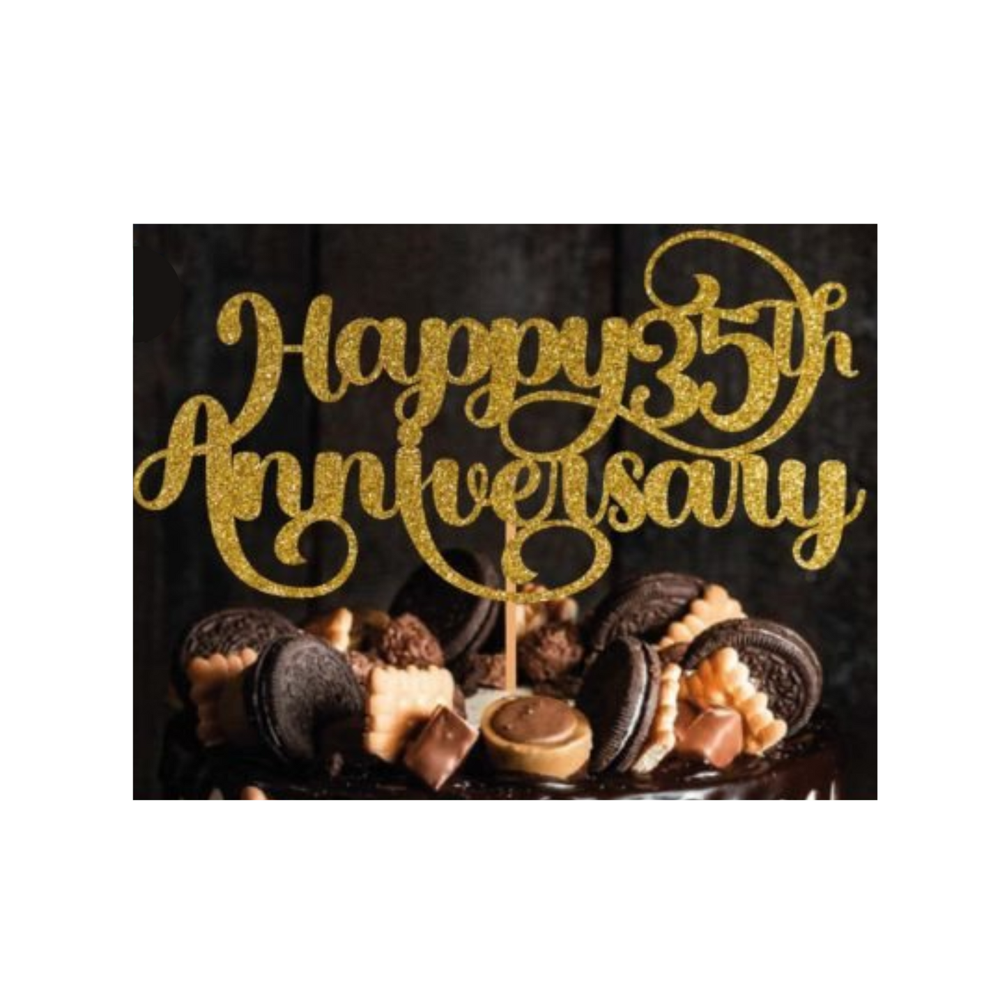 Cake topper with the words: Happy 35th Anniversary in glitter against a dark background inserted into a cake. Cake topper can be made in different colours.