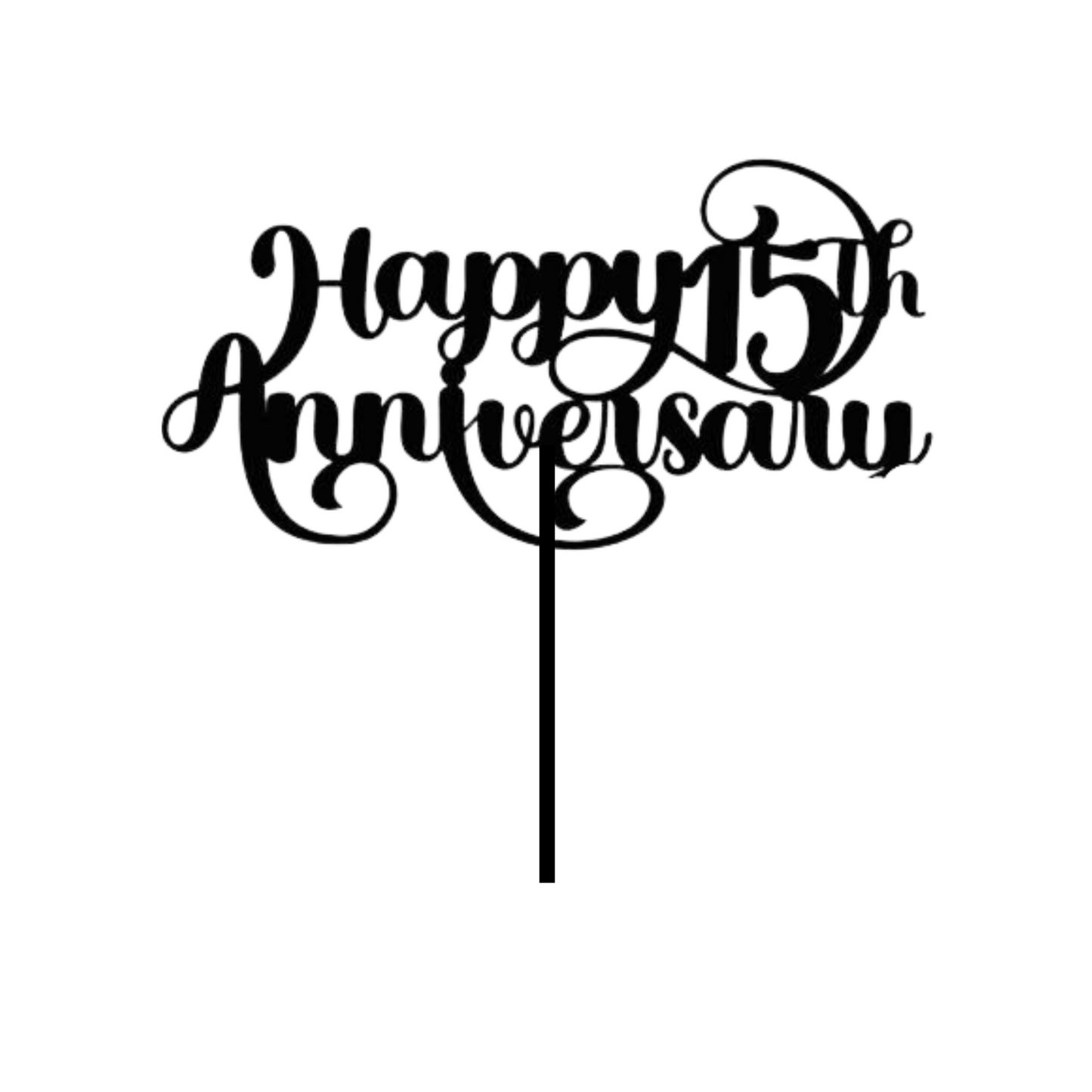 Cake topper with the words: Happy 10th Anniversary in glitter against a dark background inserted into a cake. Cake topper can be made in different colours.