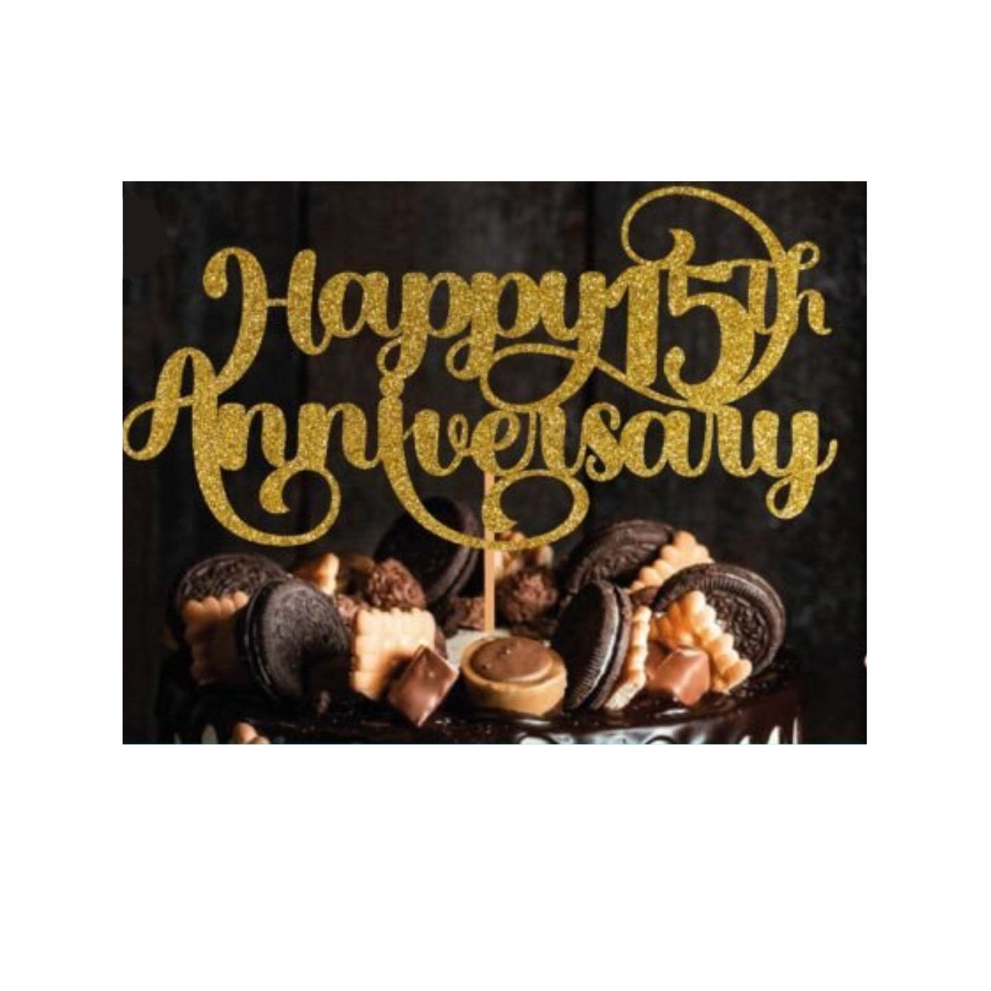 Cake topper with the words: Happy 15th Anniversary in glitter against a dark background inserted into a cake. Cake topper can be made in different colours.