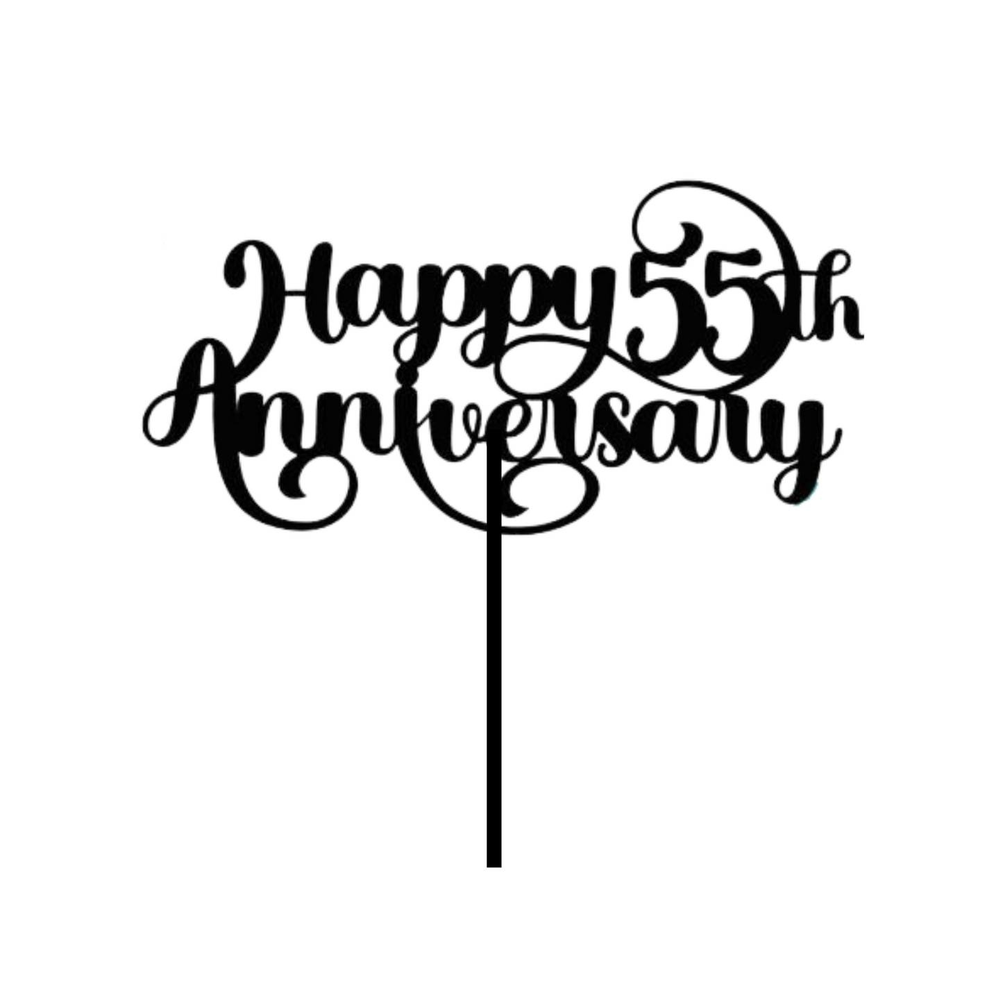 Cake topper with the words: Happy 55th Anniversary in black against a white background. Cake topper can be made in different colours. 