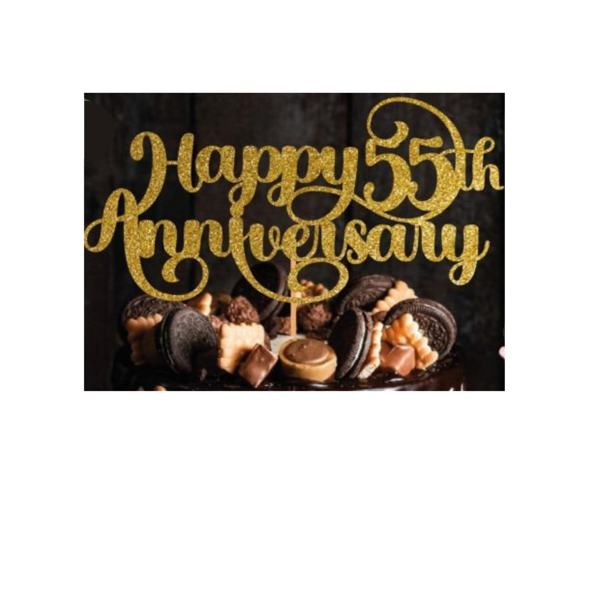 Cake topper with the words: Happy 55th Anniversary in glitter against a dark background inserted into a cake. Cake topper can be made in different colours. 