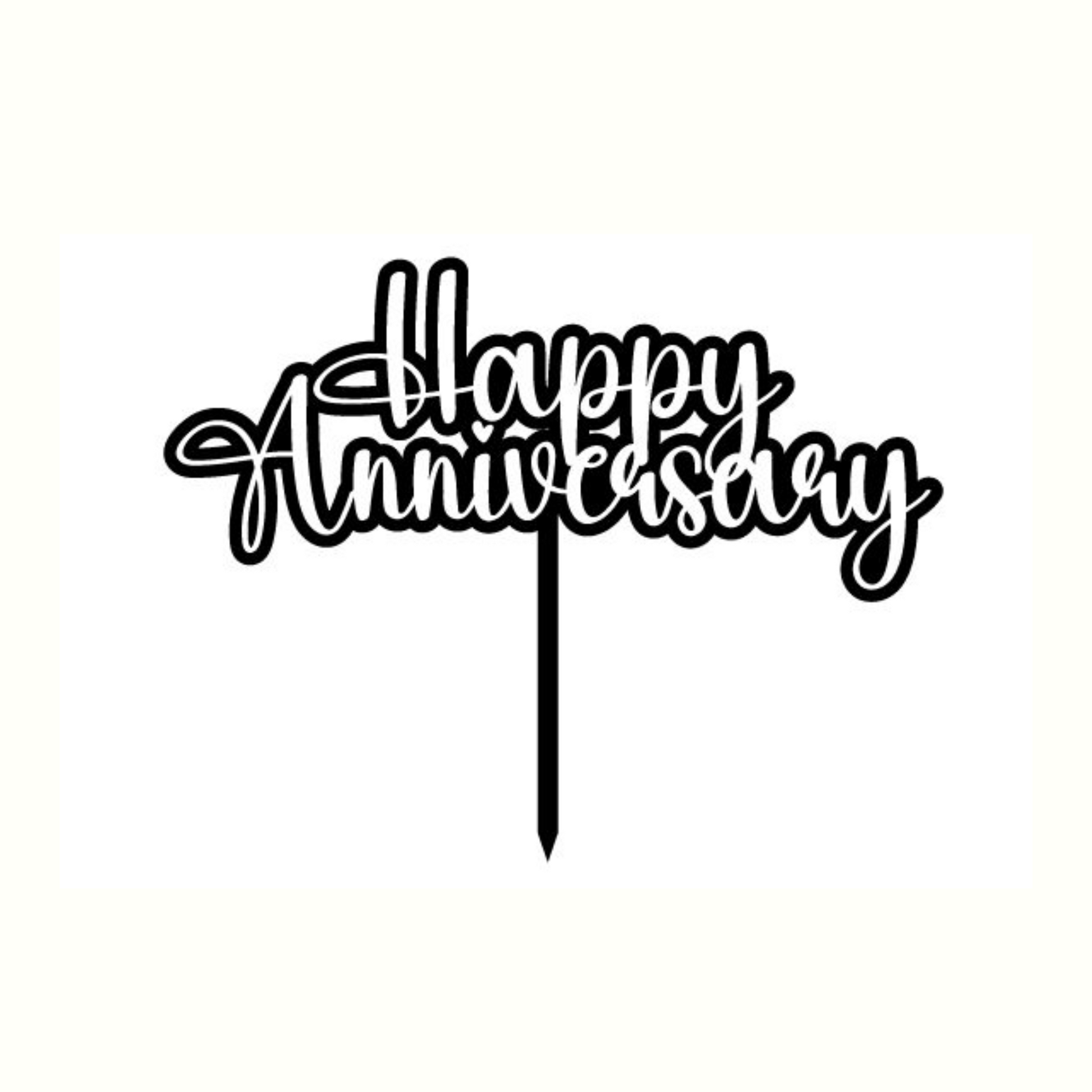 Cake topper with the words: Happy Anniversary in black against a white background. Cake topper can be made in different colours. 